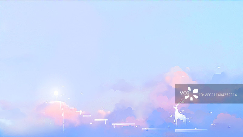 蓝色唯美梦幻天梯上的白鹿插画图片素材