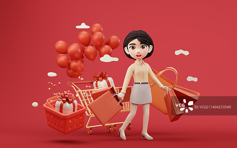卡通女孩与购物主题3D渲染图片素材