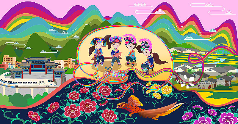 云南楚雄民族风情彝族姑娘刺绣传统习俗插画图片素材