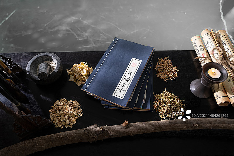 中医古医书本草纲目和中药材图片素材