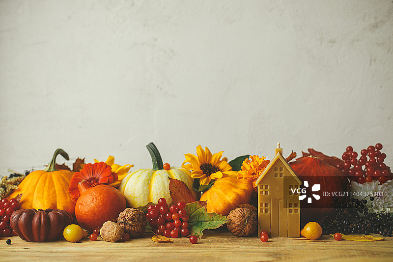 秋季静物：时尚南瓜、秋花、浆果、树叶、乡村房间桌上的蜡烛图片素材