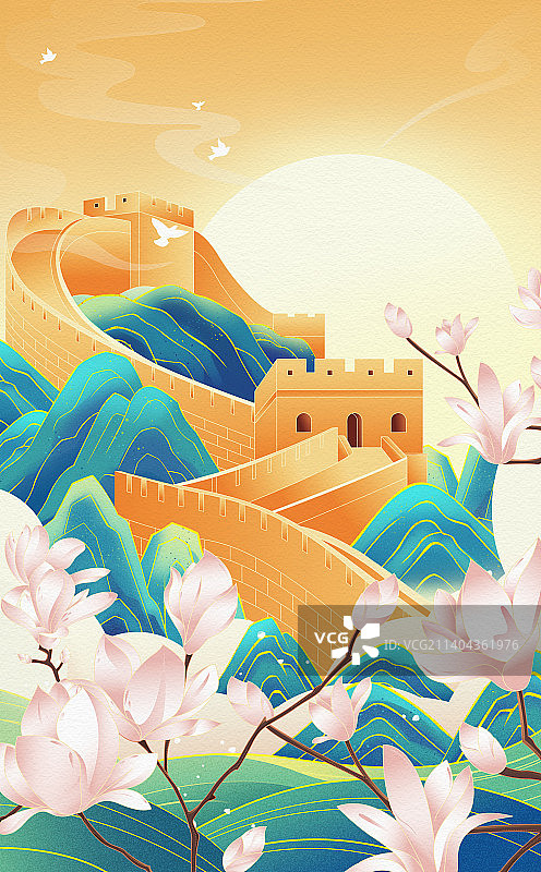 国风城市地标建筑网红打卡景点插画海报图片素材