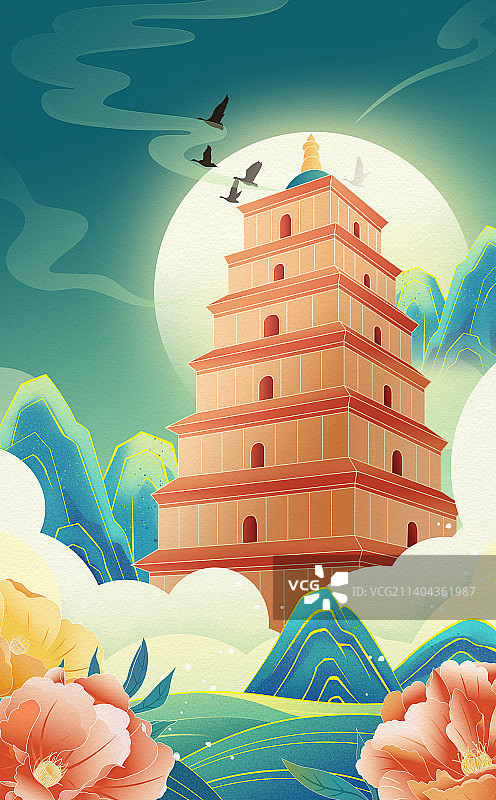 国风城市地标建筑网红打卡景点插画海报图片素材