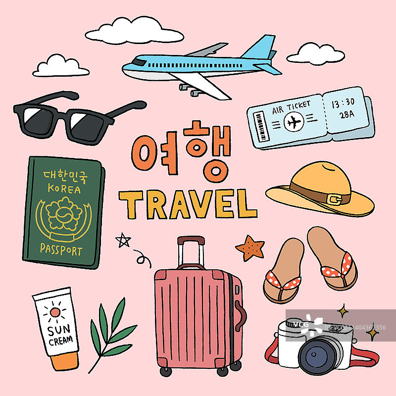 旅行，观光，机票，飞机，太阳镜，护照，防晒霜，带轮行李箱，拖鞋，帽子，相机，海外旅行图片素材