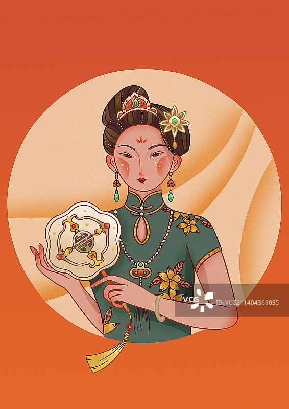 中国风插画女孩扇子图片素材