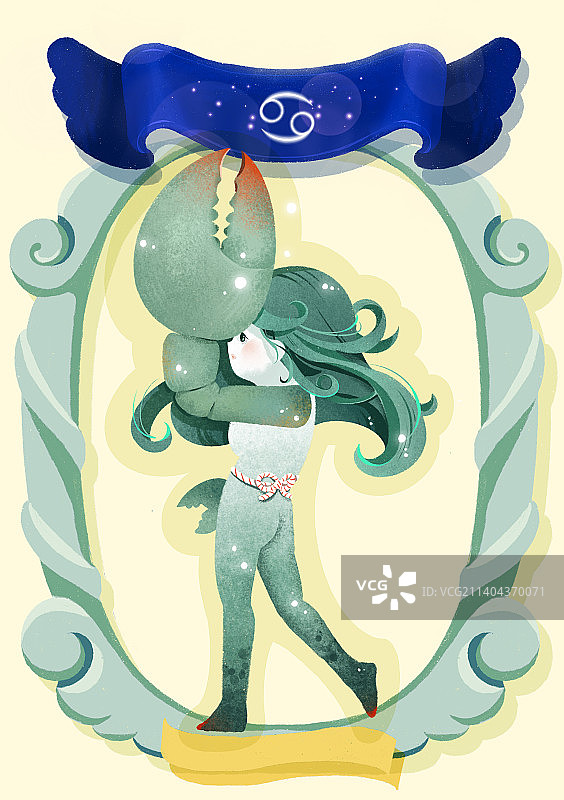 绿色巨蟹座可爱系列星座插画图片素材