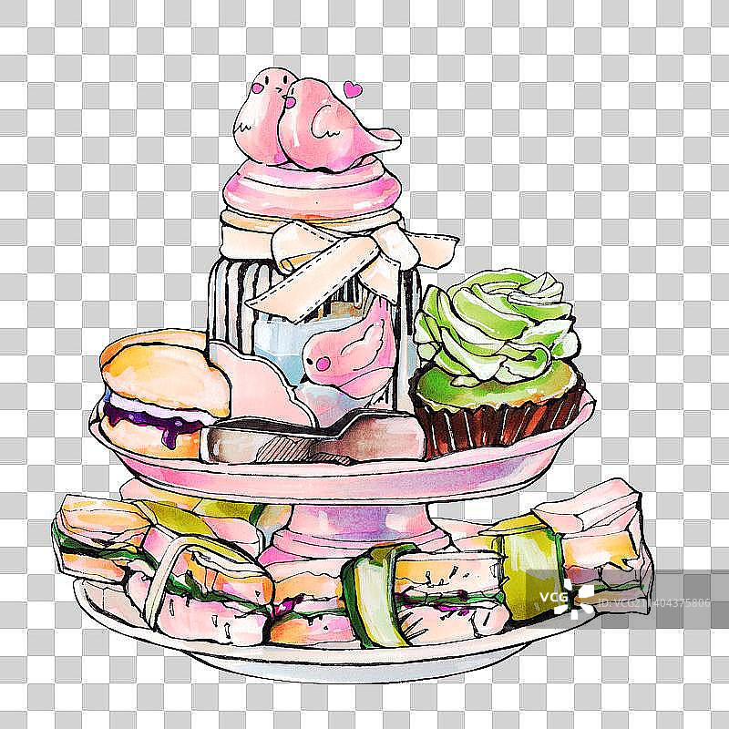 甜点 下午茶蛋糕 三明治 美食手绘插画图片素材