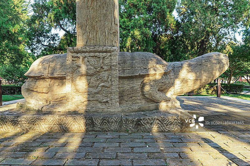 中国山东泰安泰山著名景点，行宫岱庙里的古典式碑刻拍摄主题,背石碑的五岳独尊乌龟赑屃，户外无人图像摄影图片素材