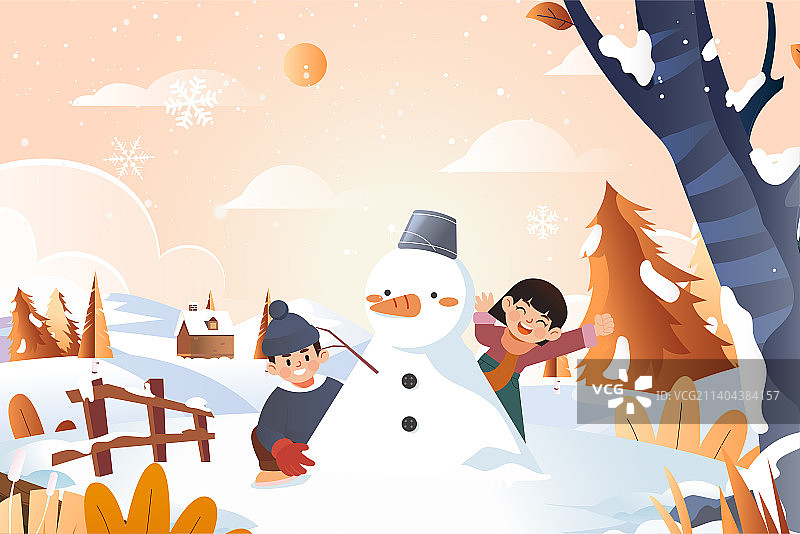 冬日堆雪人插画图片素材