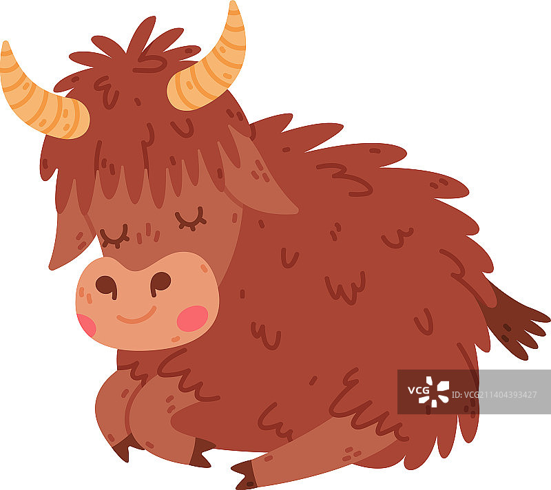 毛皮浓密、长着角的可爱牦牛角色图片素材