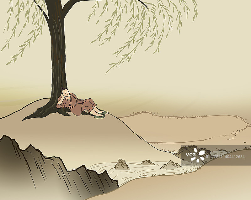 中国风新中式古风古典传统中国画青绿山水画国学经典守株待兔插画图片素材