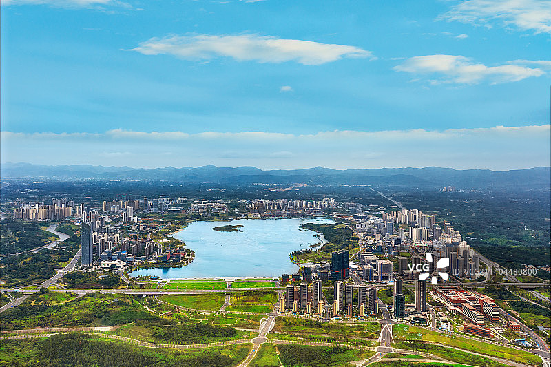四川省成都市天府新区中国西部（成都）科学城兴隆湖全景航拍图图片素材