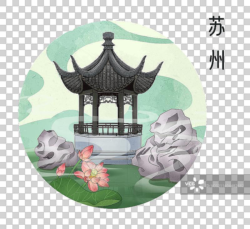 湖面上有中国古代苏式建筑风格的亭子和假山图片素材