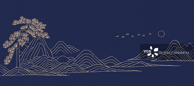 蓝金中国风国潮风松树山水插画，中国传统文化喜庆，新年春节金融汽车行业房地产高端庆典宣传图片素材