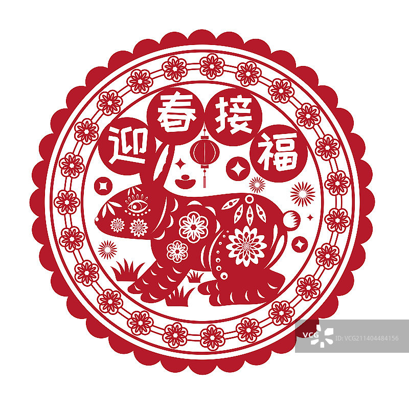 兔年春节剪纸窗花装饰插画图片素材