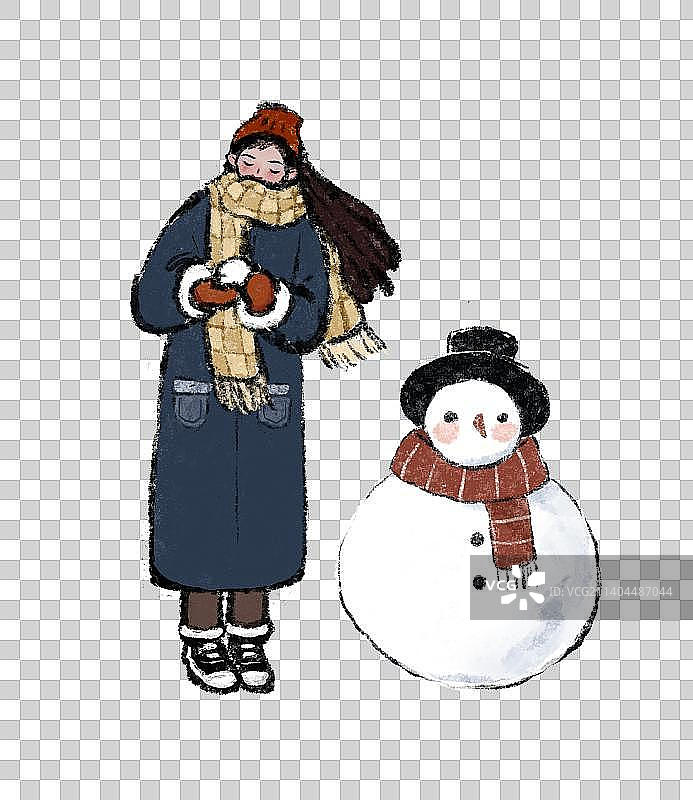 大雪节气插画元素 女孩和雪人图片素材
