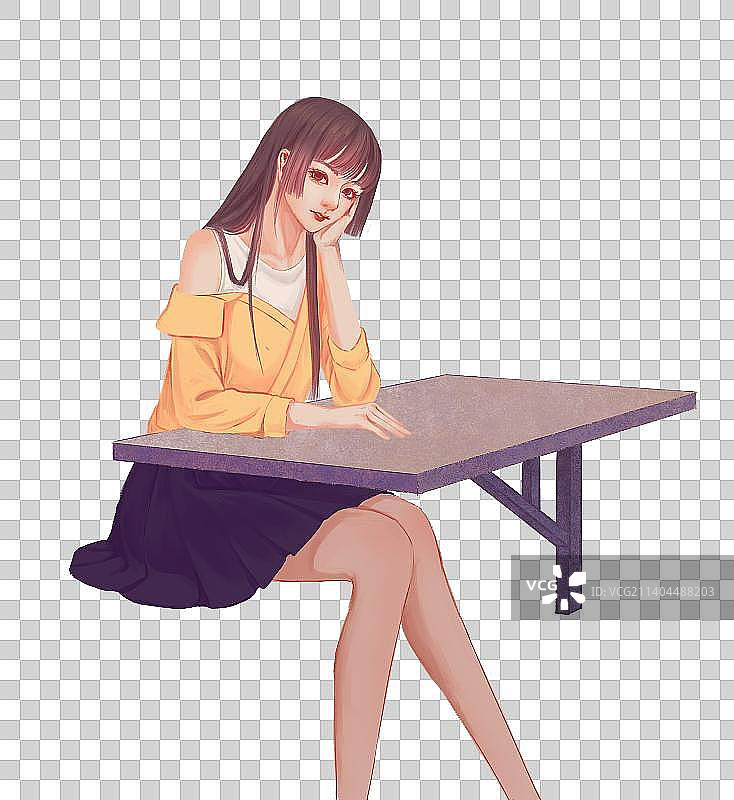 坐着托着脸穿黄衣服的长发女生半身图片素材