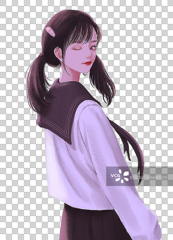 穿着学生服回头眨眼双马尾女生半身图片素材