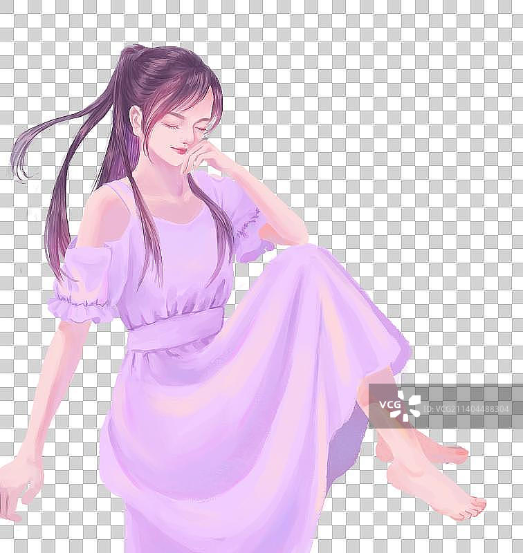 穿着紫色裙子坐着长发马尾女生全身图片素材