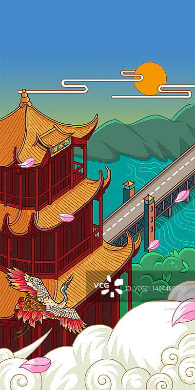 中式武汉黄鹤楼大桥漫画图片素材