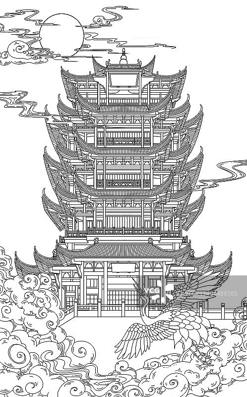 中式黄鹤楼线稿图片素材