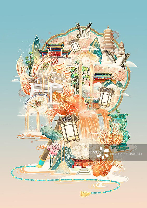 郑州地标古建筑国风美食插画图片素材