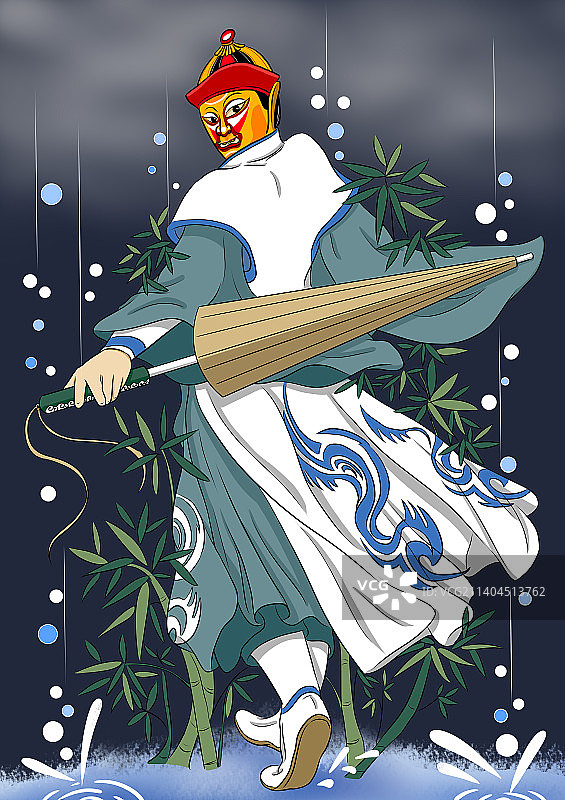 傩戏 甘生持伞漫步雨中图片素材