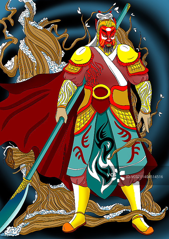 傩戏 关爷 持刀屹立风雪中图片素材