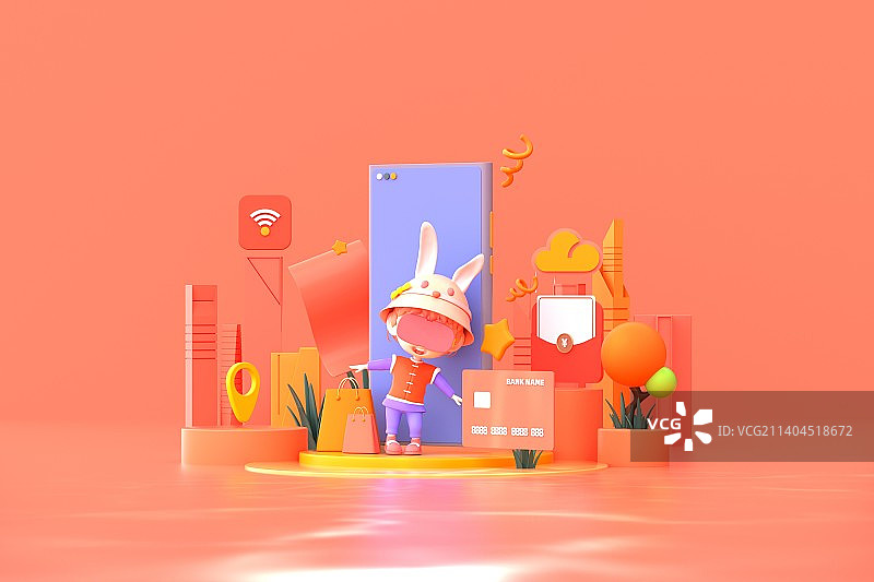 3D渲染卡通兔兔女孩图片素材