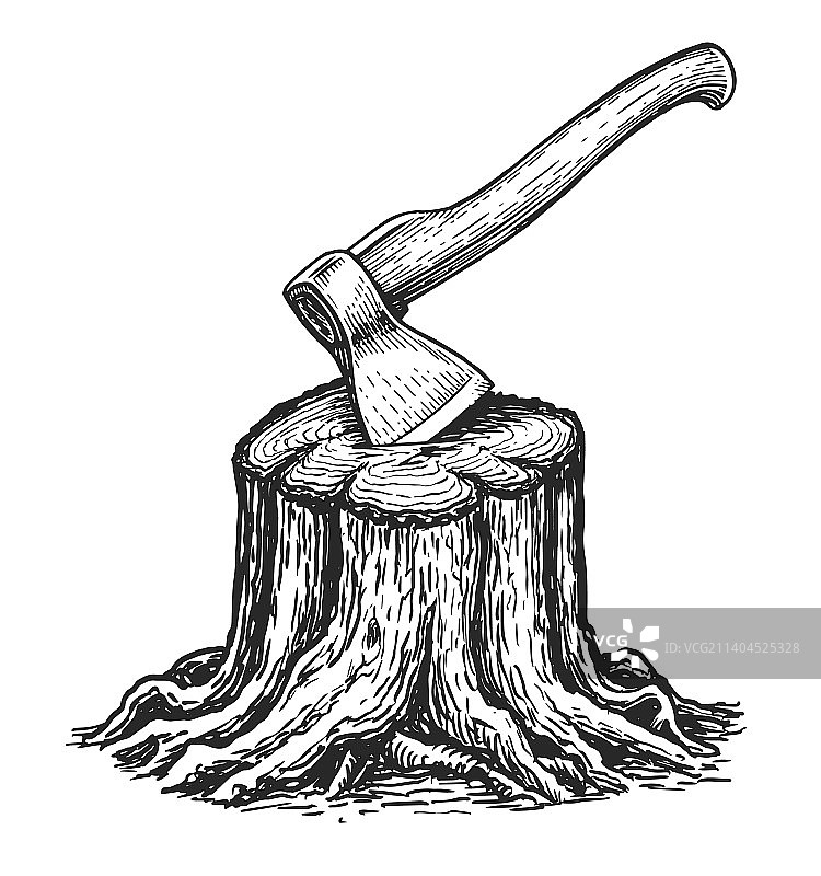 带斧头素描的树桩图片素材