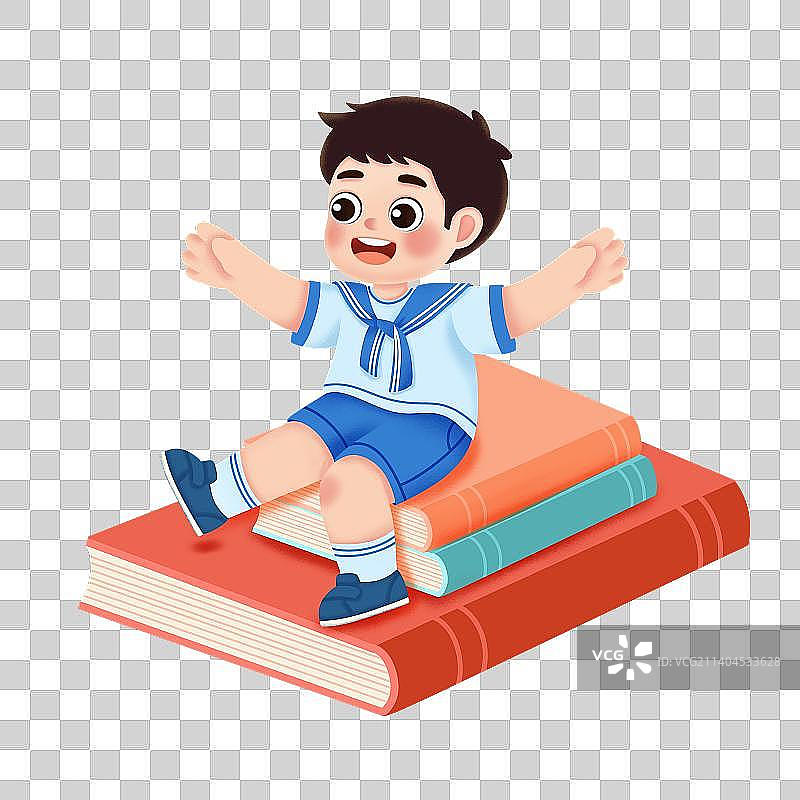 可爱的小男孩坐在书上图片素材