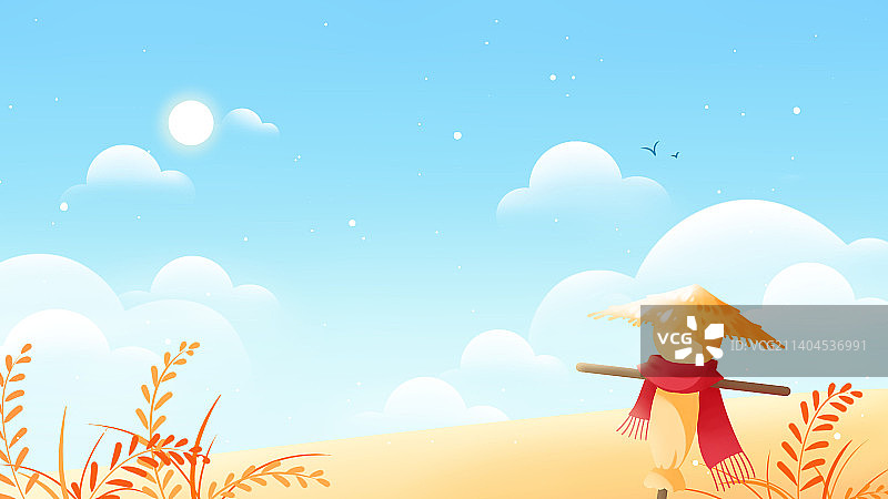 蓝色唯美卡通麦田中的稻草人秋季插画图片素材