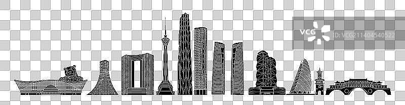 成都城市地标建筑黑色插画图片素材