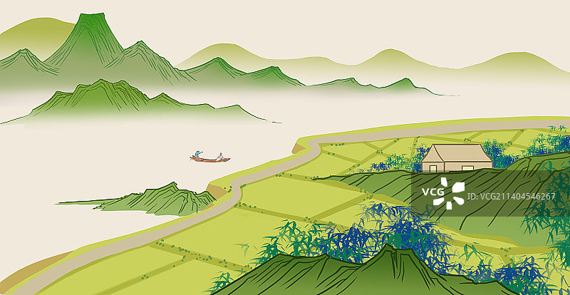 中国风新中式古风古典传统中国画青绿山水画田园风光桃花源风景插画图片素材
