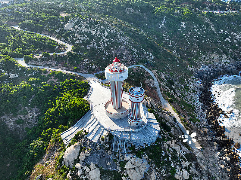 广东省汕头市南澳县南澳岛生态旅游区三囱崖灯塔航拍图片素材