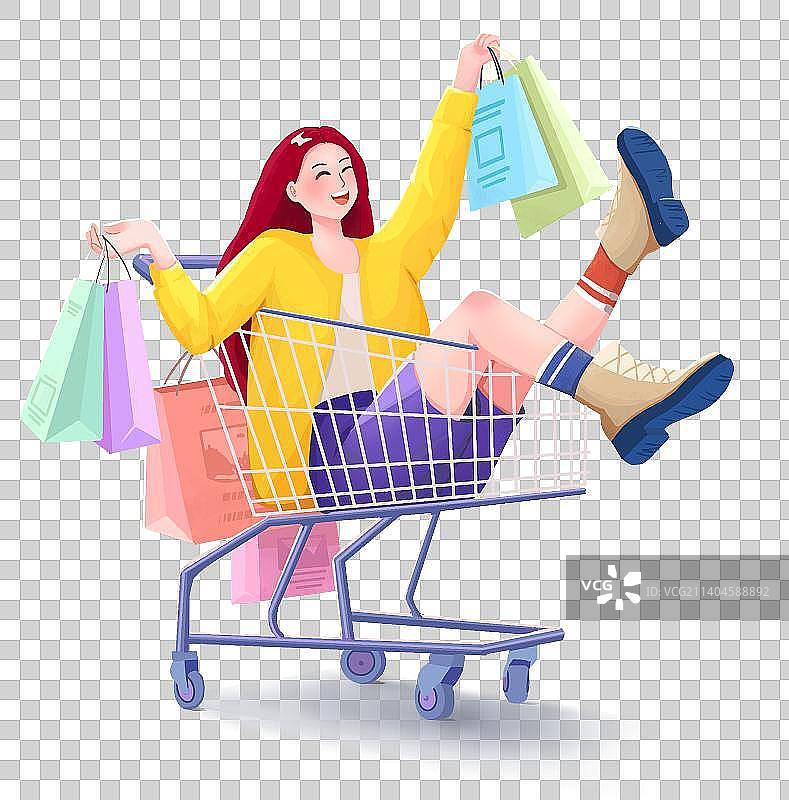 坐在购物车的女人图片素材