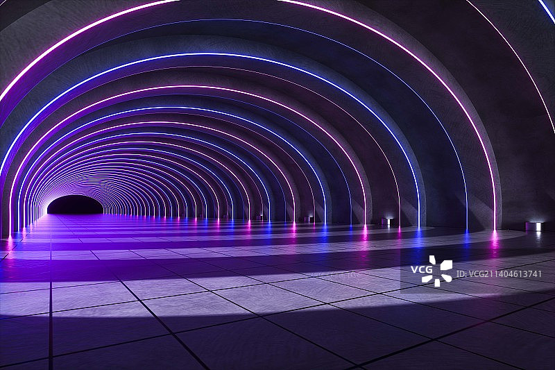 3D立体空间 椭圆形走廊隧道 霓虹发光 水泥地面图片素材