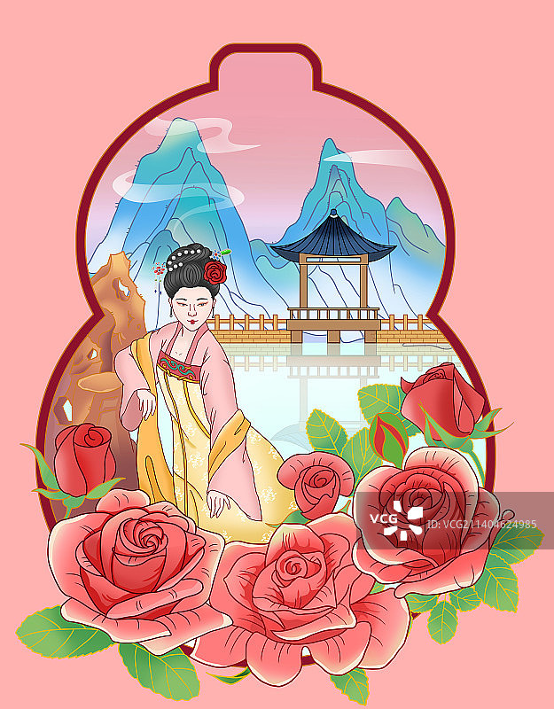 新中式玫瑰插画图片素材