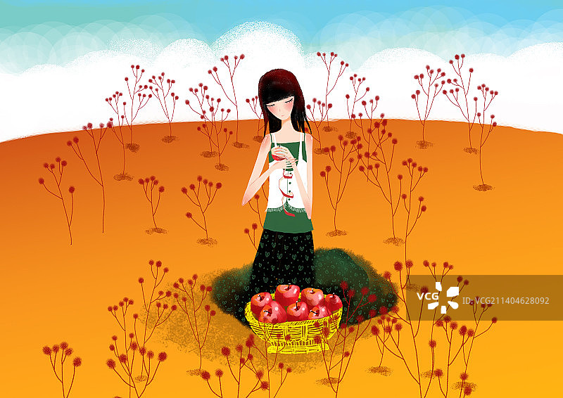 坐在黄色坡上削苹果的女人图片素材