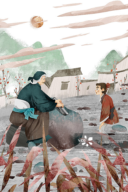 成语典故-铁杵磨成针插画图片素材