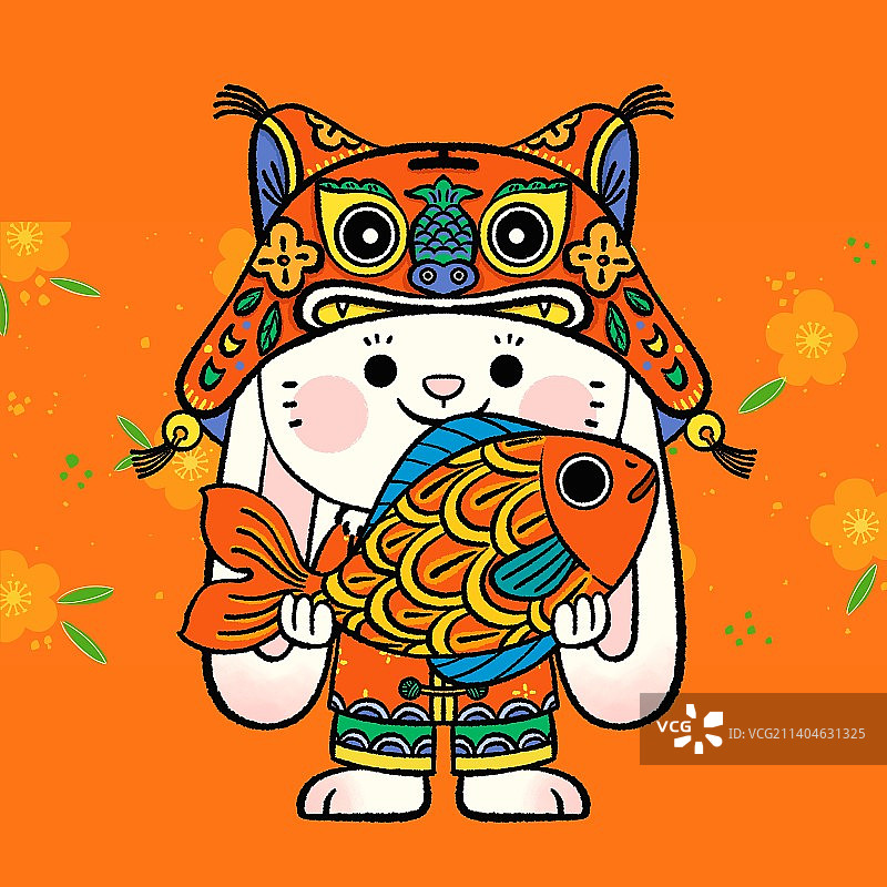 年年有鱼-2023年兔年手绘涂鸦虎头帽兔子图片素材