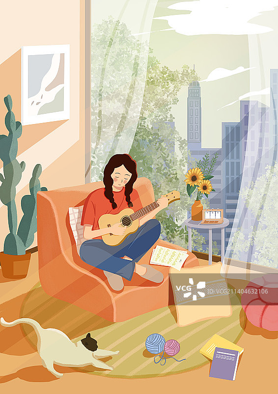 扁平风插画弹吉他女孩小清新图片素材