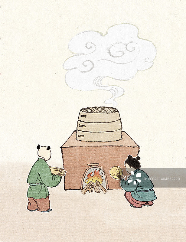 古代儿童烧蒸笼做饭场景插画图片素材