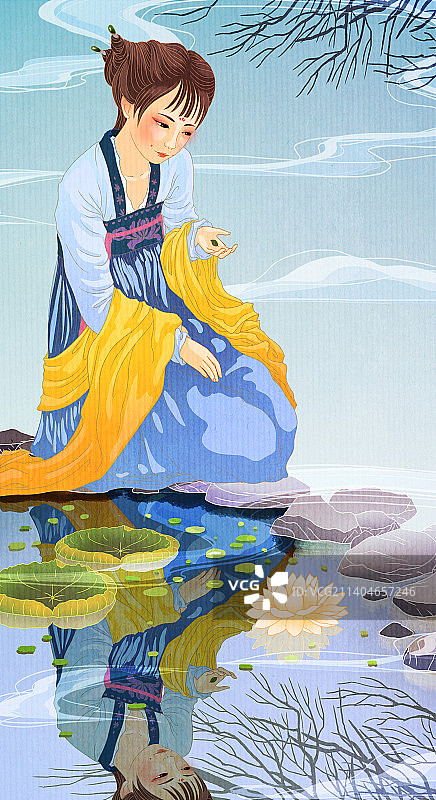 中国国风国潮汉服少女美女背景插画竖版图片素材