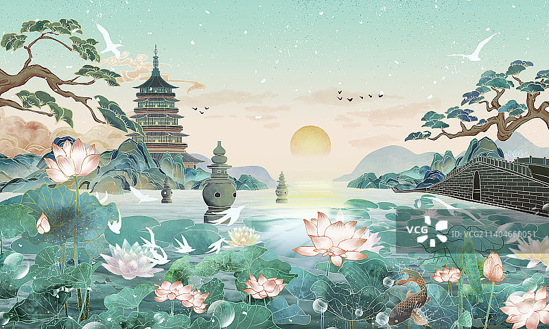 杭州城市清新国风插画图片素材