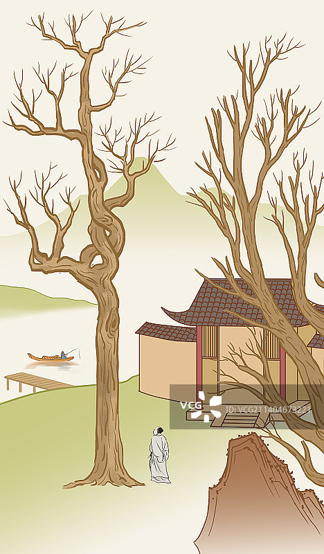 中国风新中式古风古典传统文化中国画青绿山水画桃花源风景插画图片素材