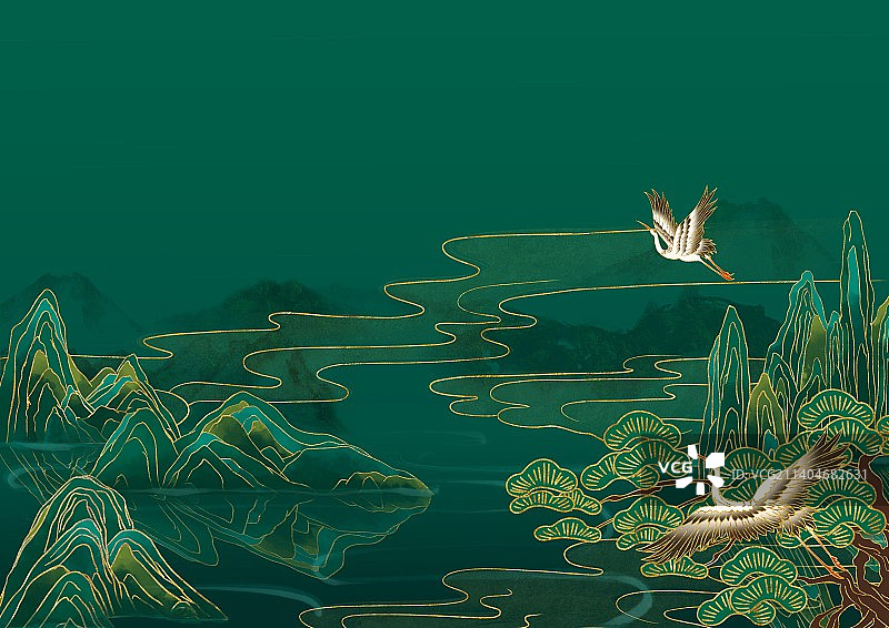 国风山水烫金描边背景插画图片素材