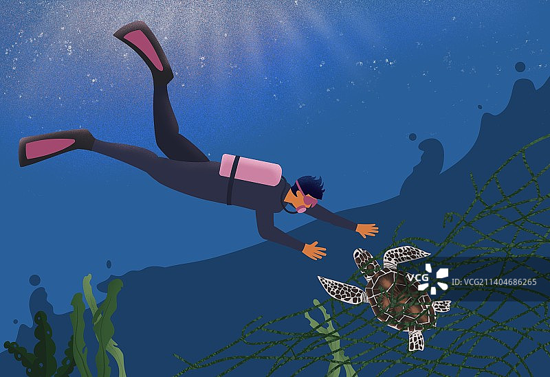 环保主题海洋污染海龟潜水员救援海底图片素材