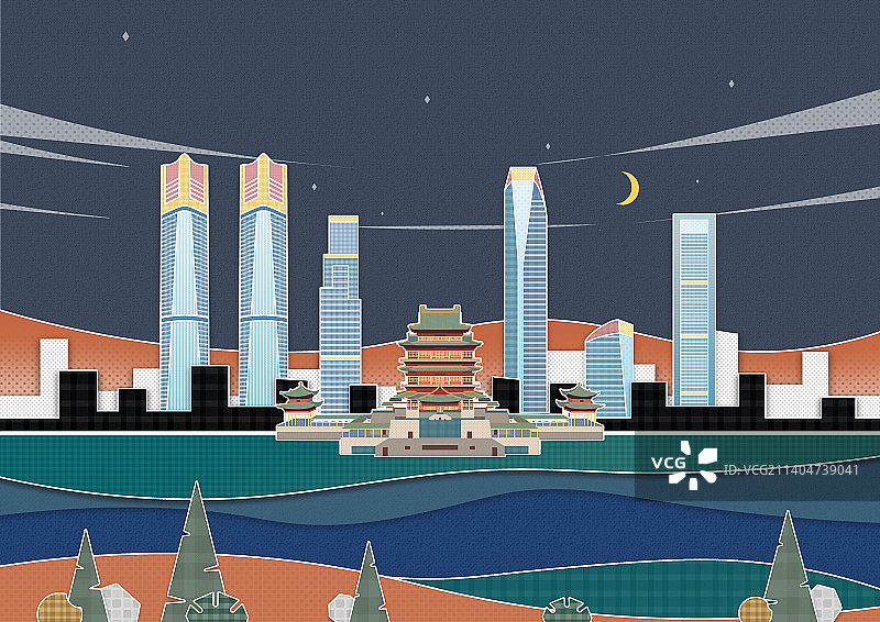南昌市地标夜景插画图片素材
