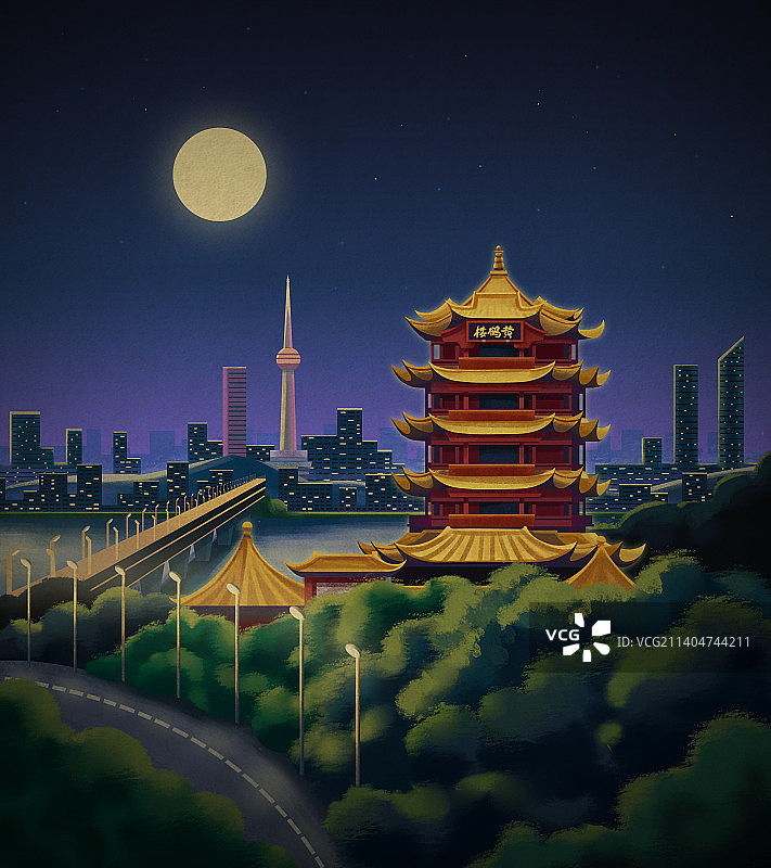 武汉黄鹤楼夜景插画图片素材